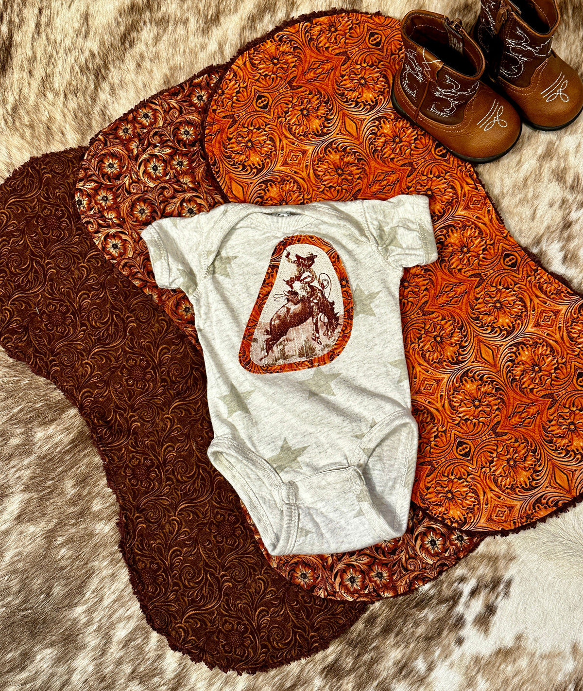 Tooled Leather Burp Cloth Set & Matching Bronc Onesie, Size Newborn