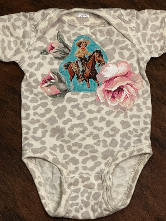 Turquoise Cowgirl & Roses on Light Leopard Onesie, Size Newborn
