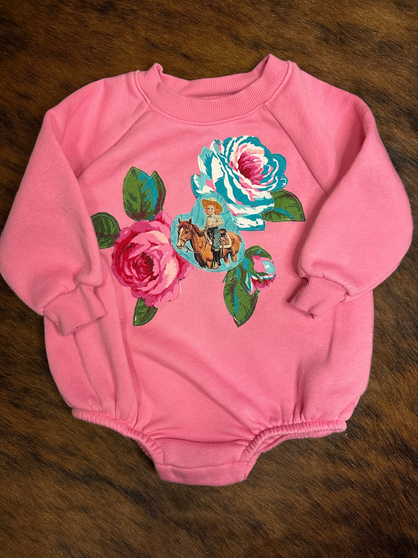 Turquoise Cowgirl & Roses on Hot Pink Sweatshirt Onesie, Size 6-12 mons.