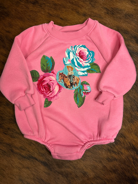 Turquoise Cowgirl & Roses on Hot Pink Sweatshirt Onesie, Size 6-12 mons.