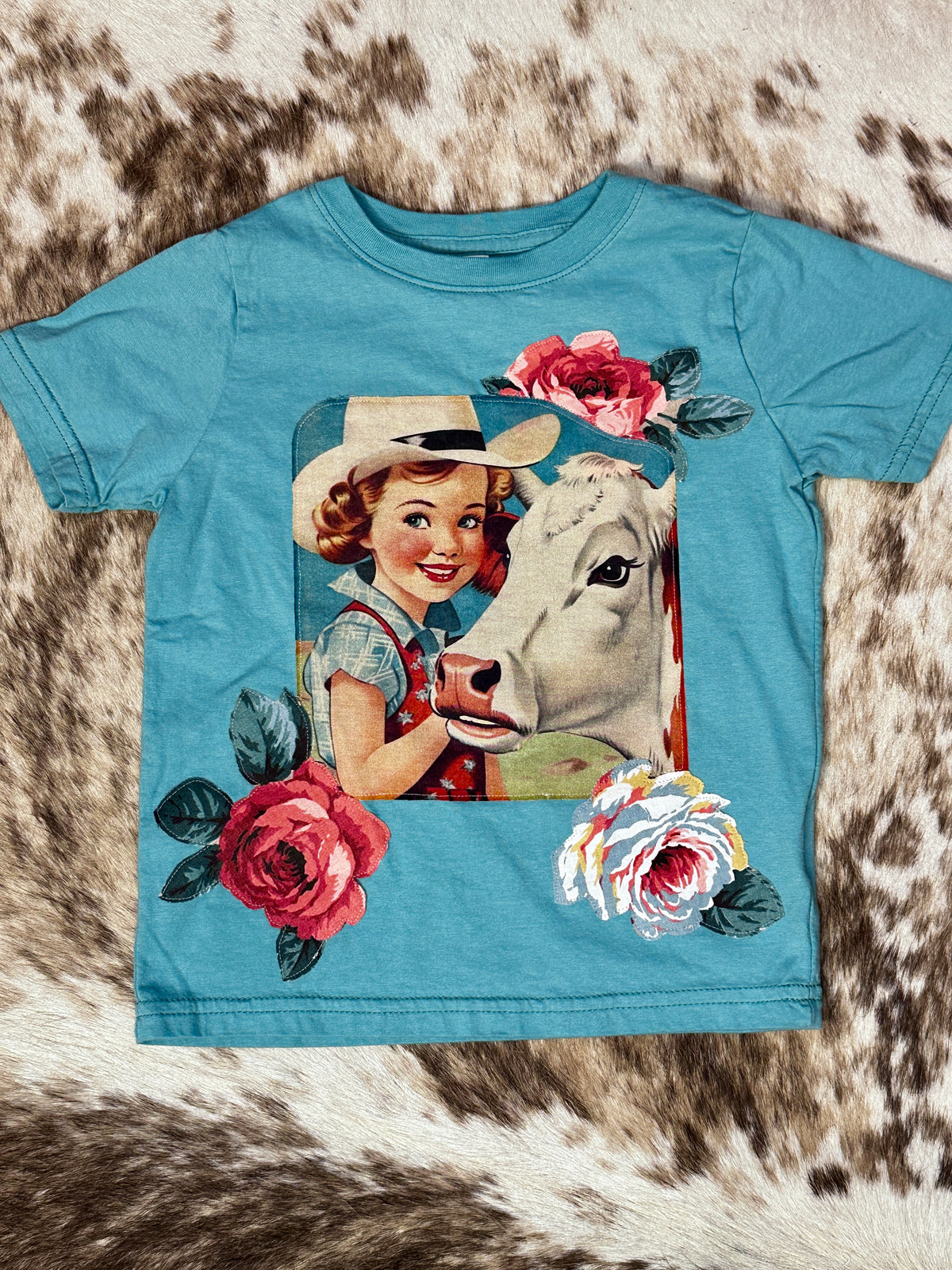 Cowgirl & Hereford & Roses on Light Turquoise Tee, Size 4T