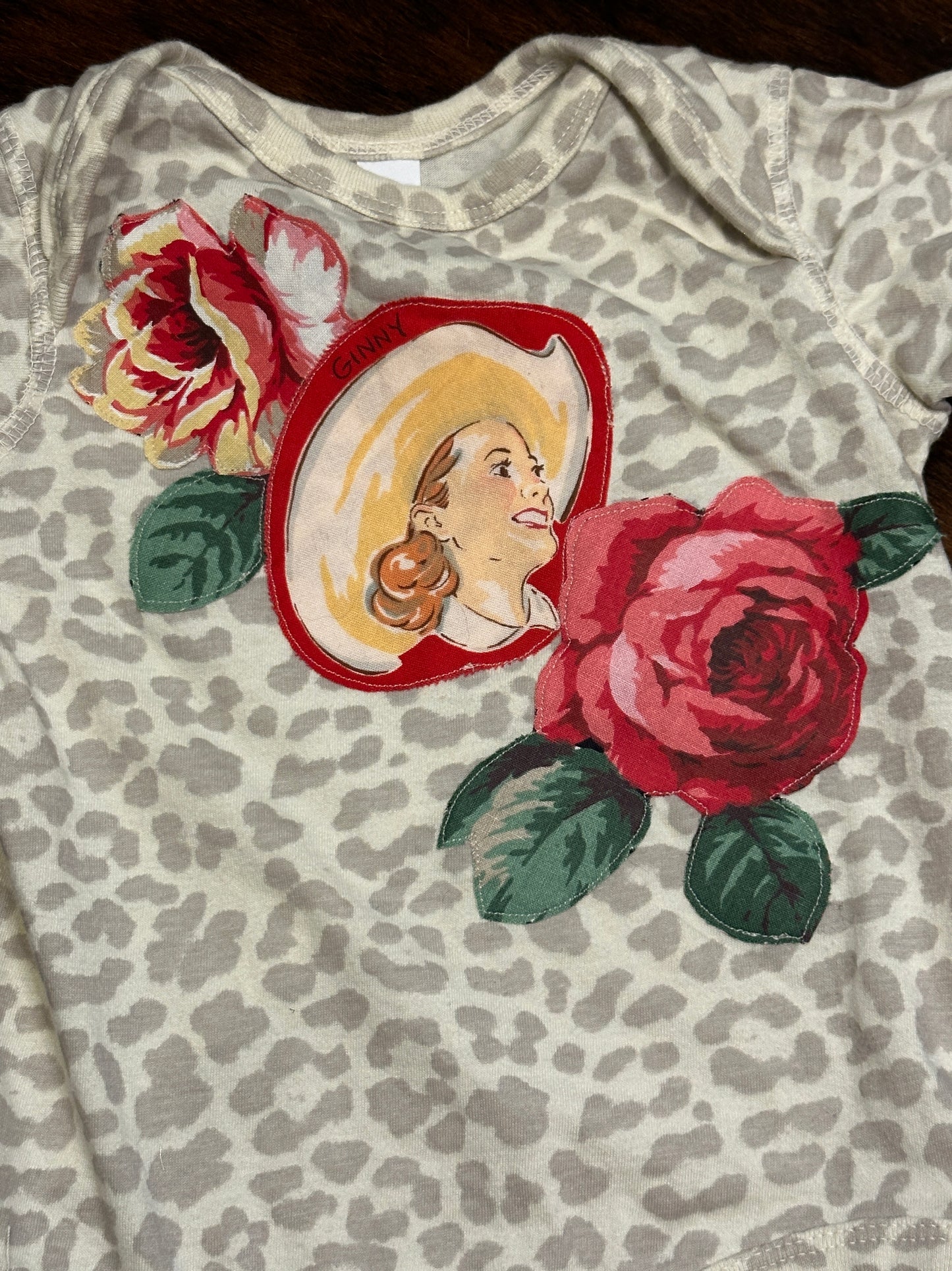 Cowgirl Ginnie & Roses on Light Leopard Onesie, Size 18 mons.