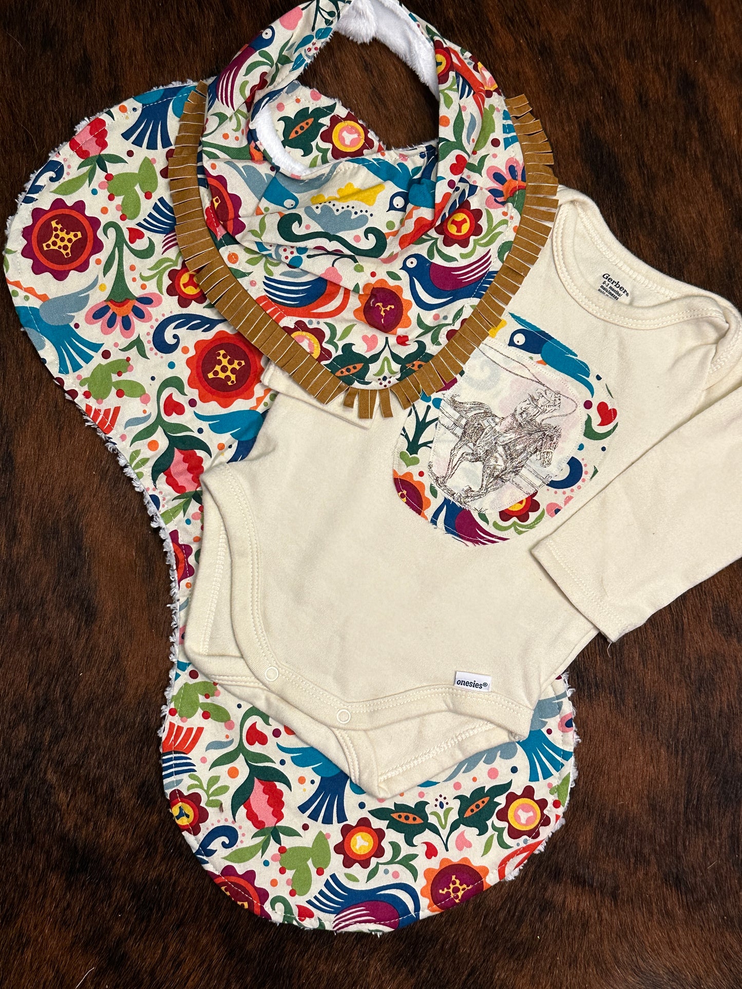Spanish Floral Bib, Burp Cloth & Onesie Set, Size 3-6 mons.