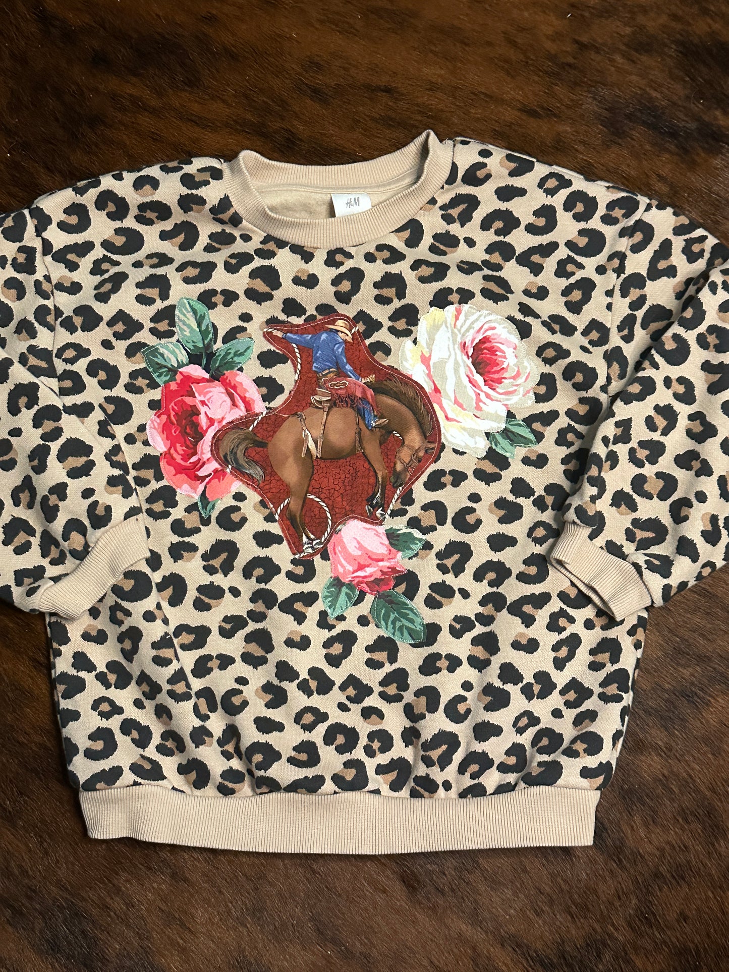 Bronc & Roses on Leopard Sweatshirt, Size 4T