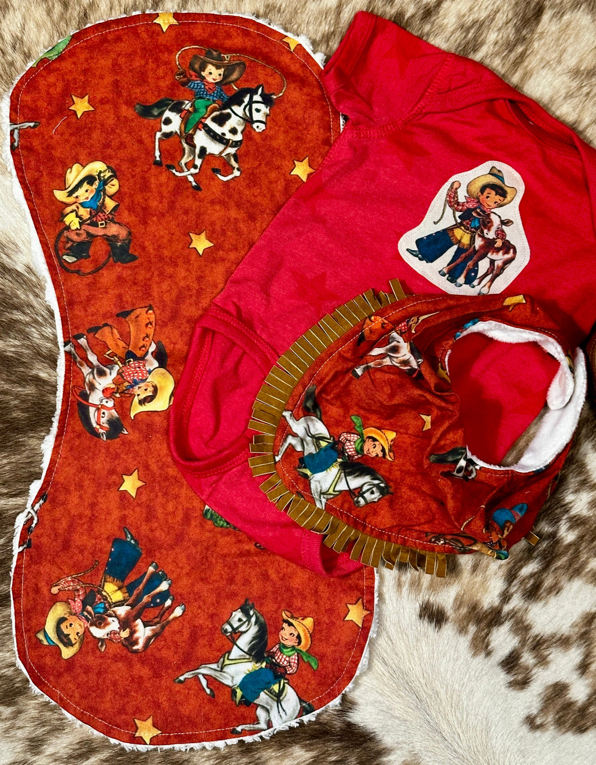 Red Vintage Cowboys Bib, Burp Cloth & Onesie Set, Size 6 mons.