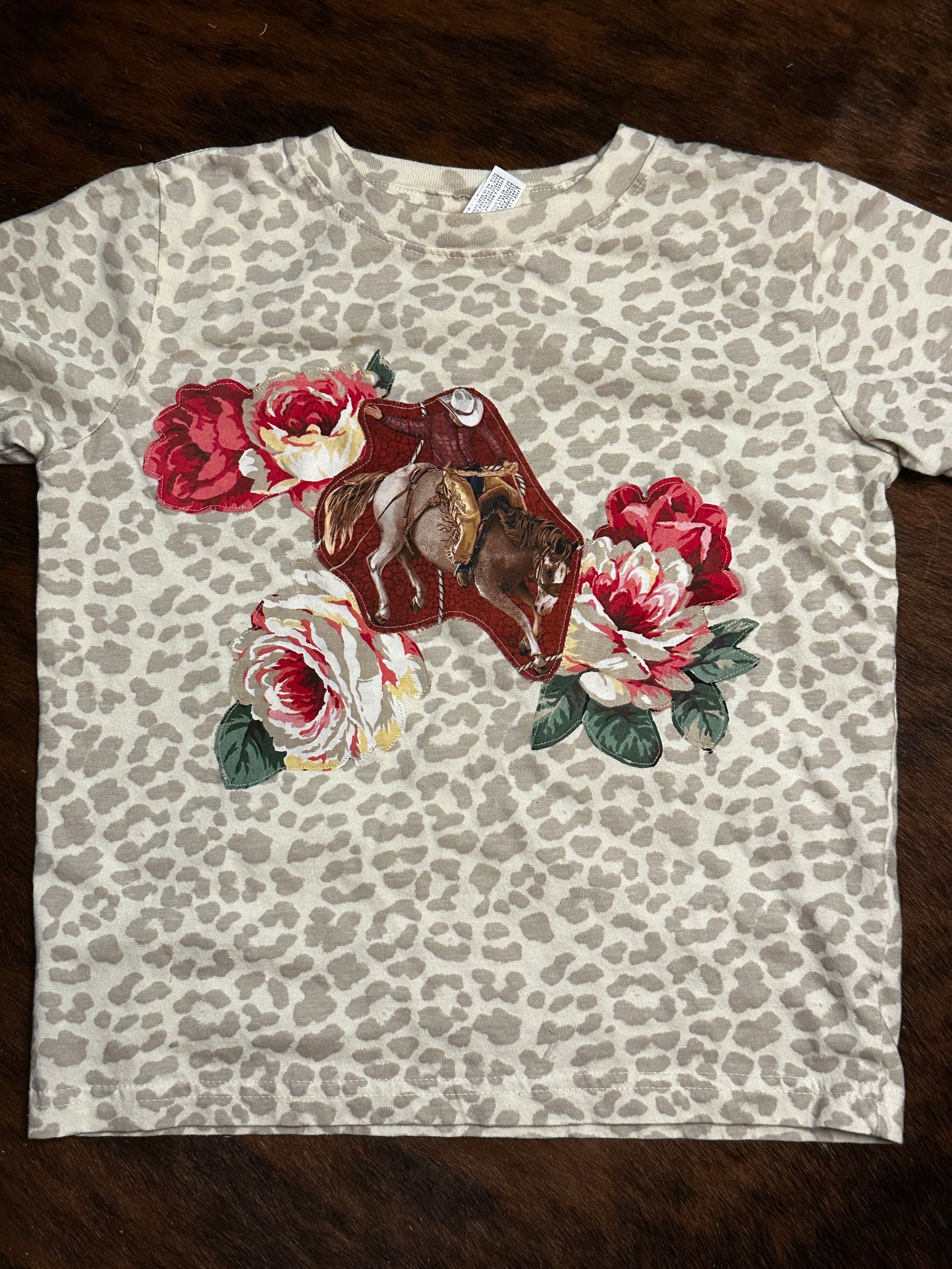 Saddle Bronc Rider & Roses on Light Leopard Tee, size 5/6T