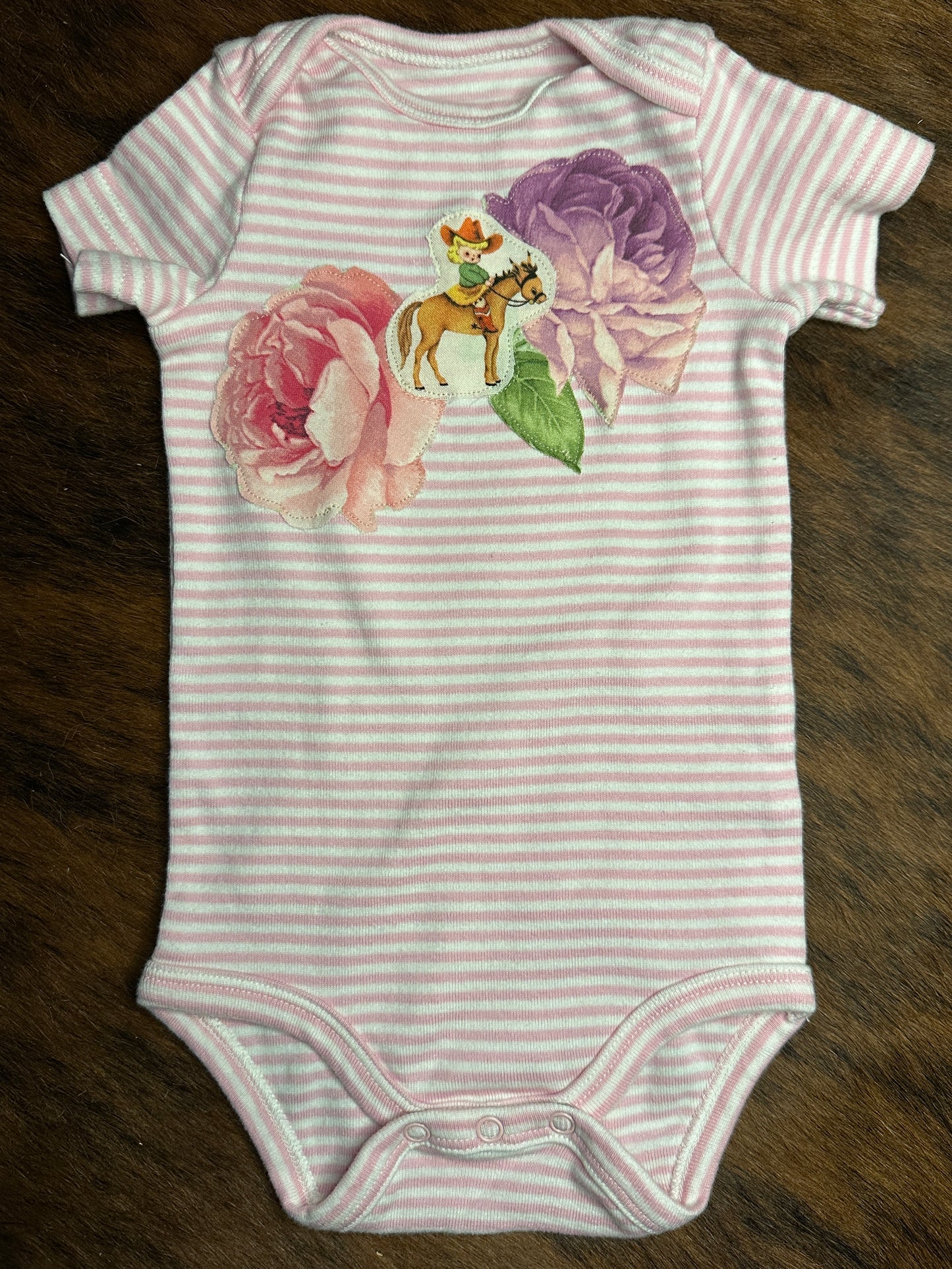 Vintage Cowkid & Roses on Pink Striped Onesie, Size 0-3 mons.