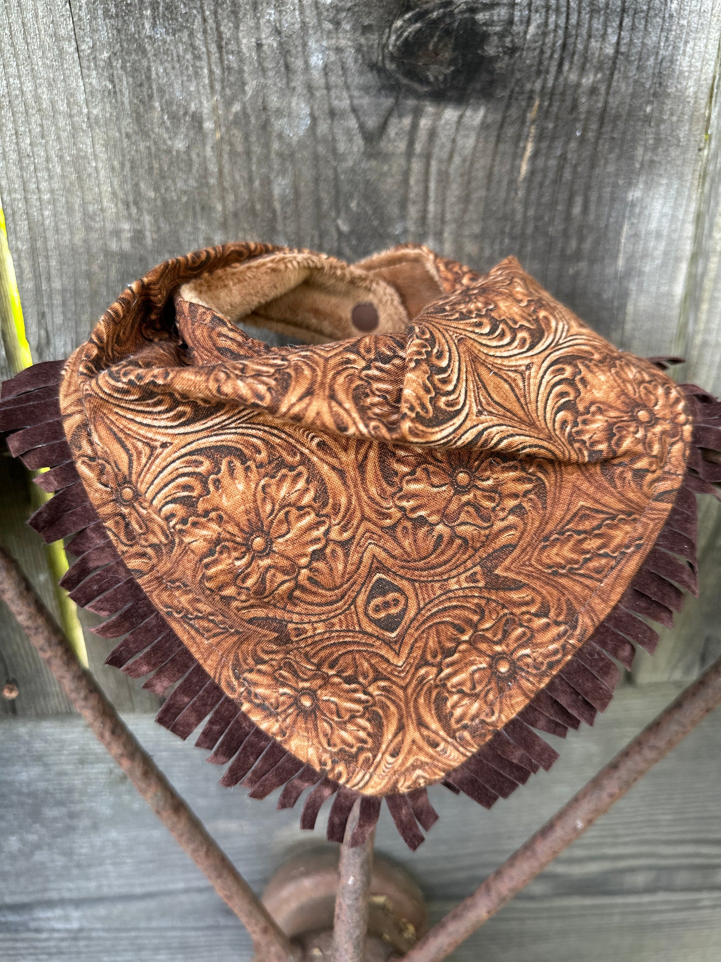 Dark Brown Tooled Leather Cotton Print Buckaroo Baby Bib