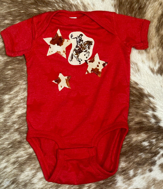 Vintage Bronc Rider & Cowhide Print Stars on Red Star Onesie, Size 6 mons