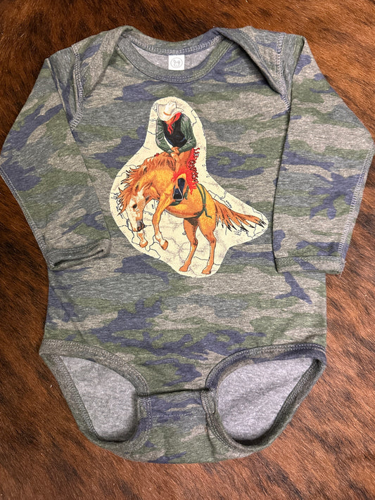 Bronc Rider on Camo Long Sleeve Onesie, Size 18 mons.