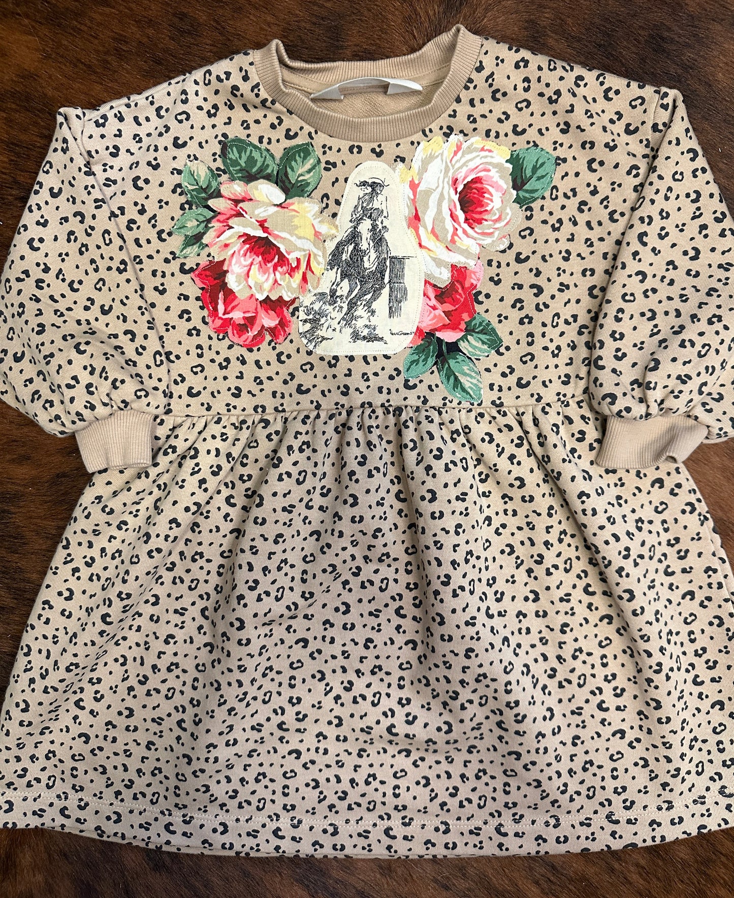 Barrel Racer and Roses on Leopard Sweatshirt Dress, Size 2T