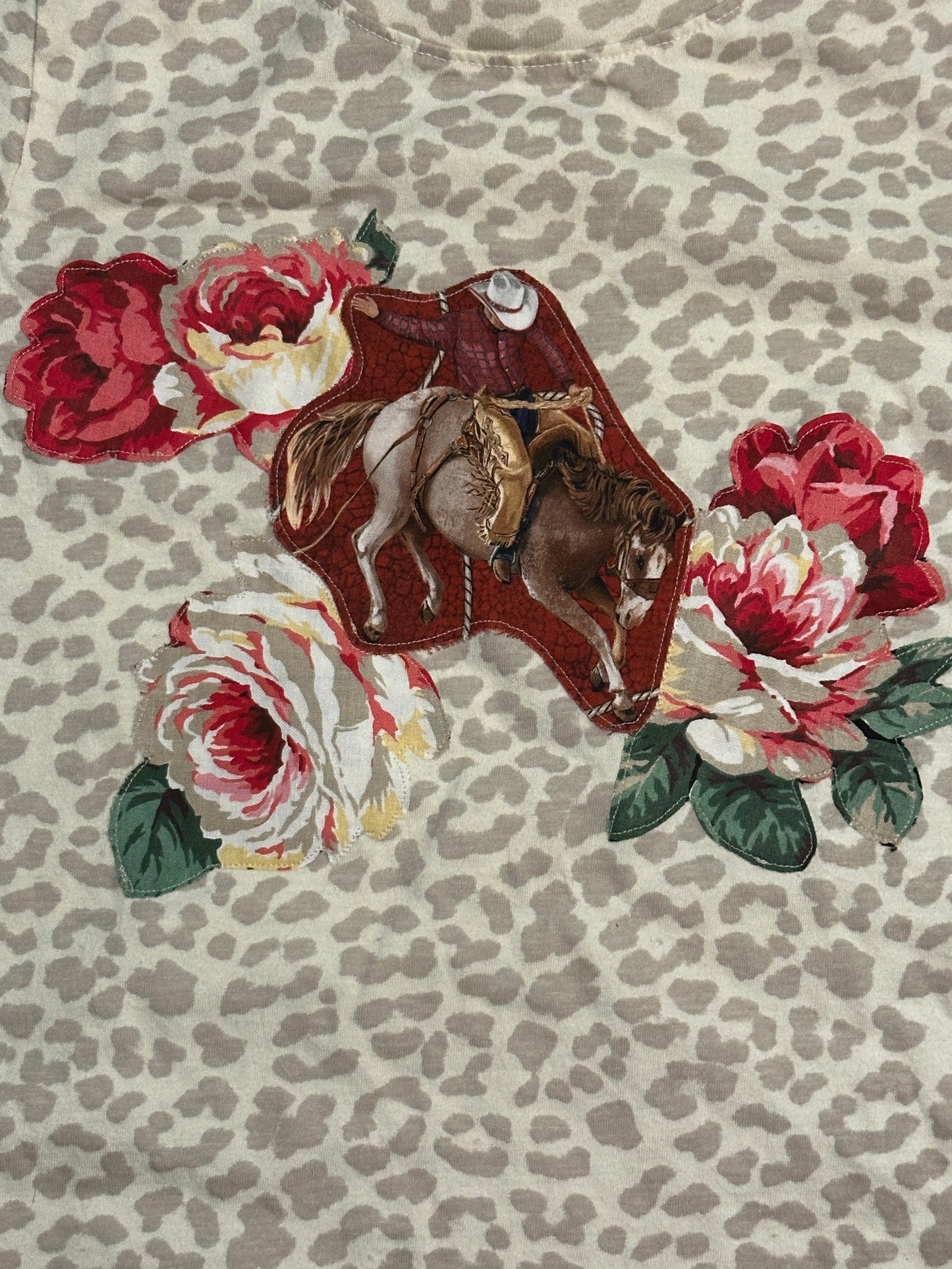 Saddle Bronc Rider & Roses on Light Leopard Tee, size 5/6T