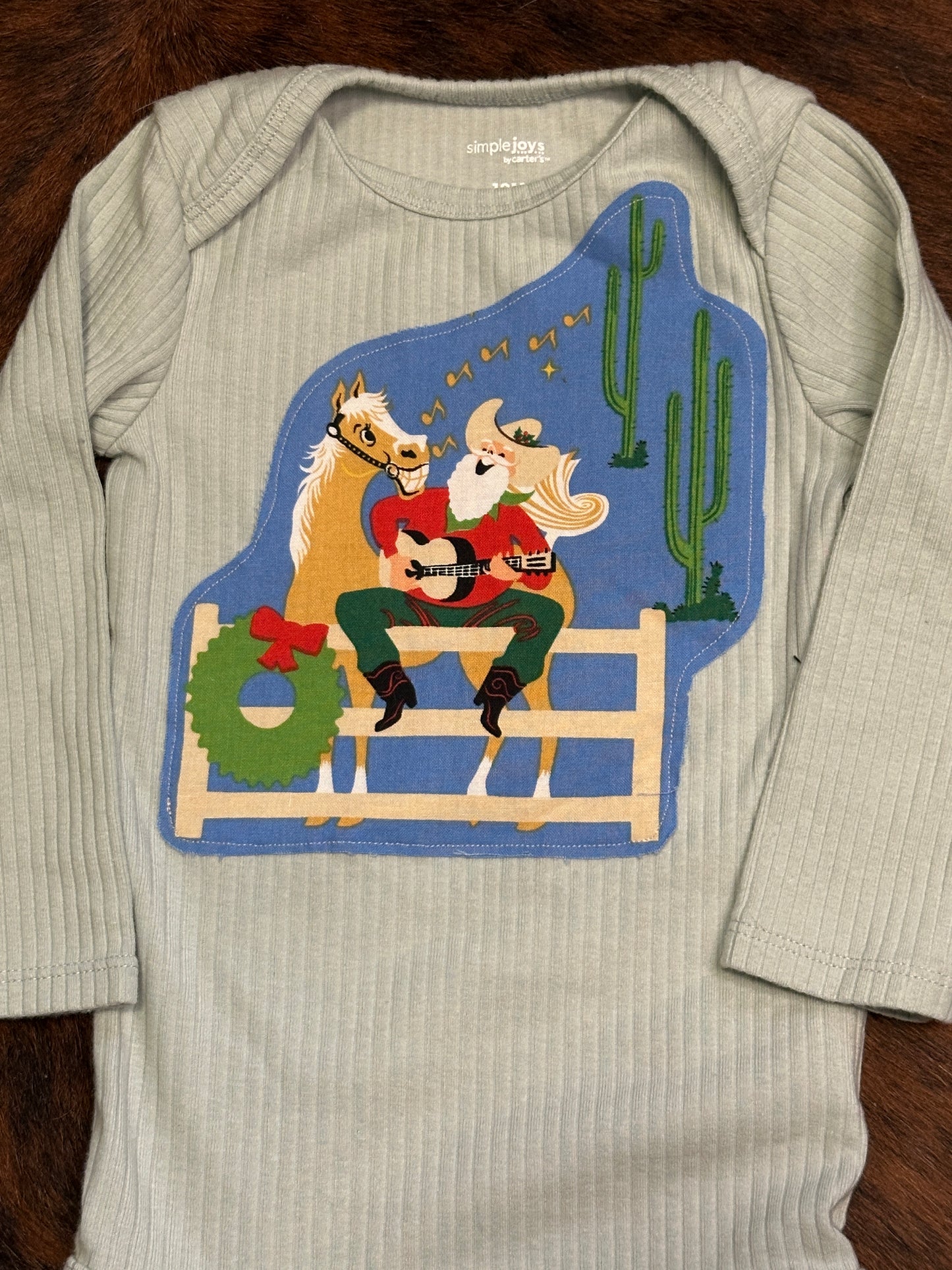 Singing Santa on Light Blue Ribbed Long Sleeve Onesie, Size 18 mons.