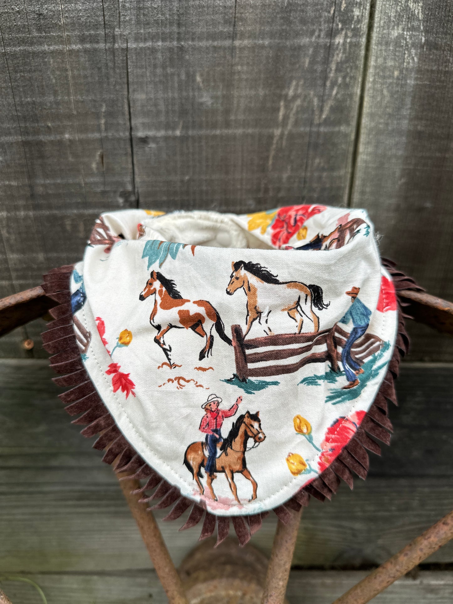 Floral Cowgirl with Horses in White Bib & Burp Cloth Set