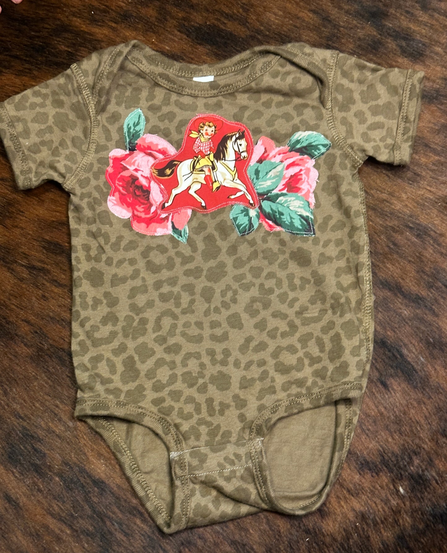 Vintage Cowgirl & Roses on Brown Leopard Onesie, Size 12 mons.