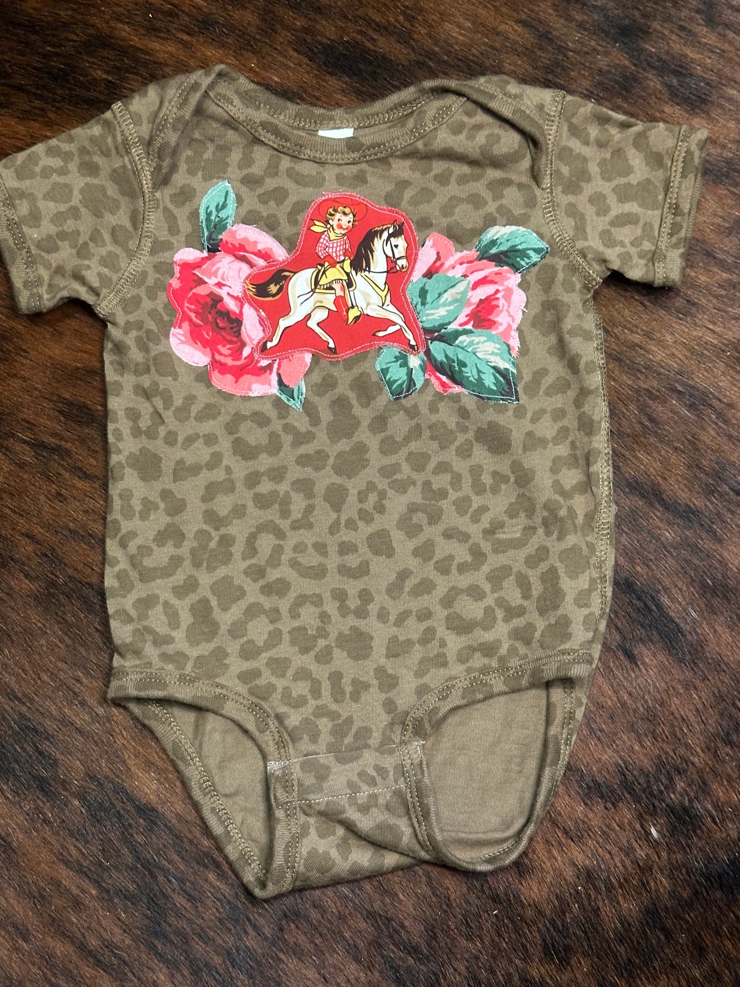 Vintage Cowgirl & Roses on Brown Leopard Onesie, Size 12 mons.