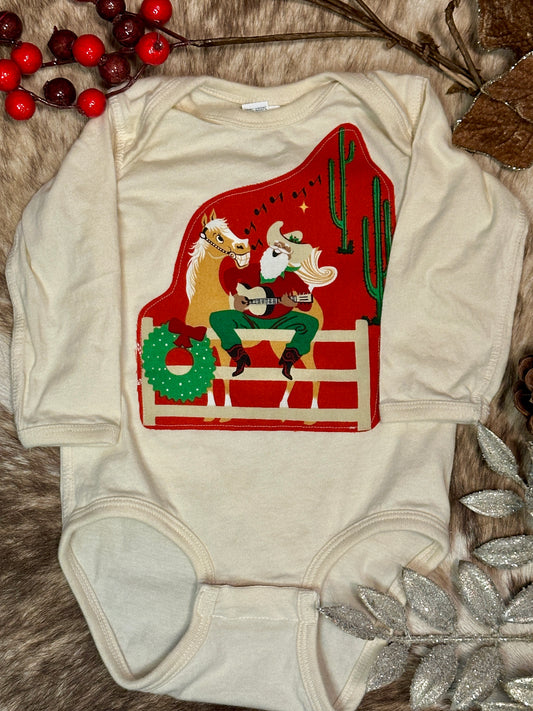 Singing Cowboy Santa Cream Long Sleeve Onesie, Size 12 mons.