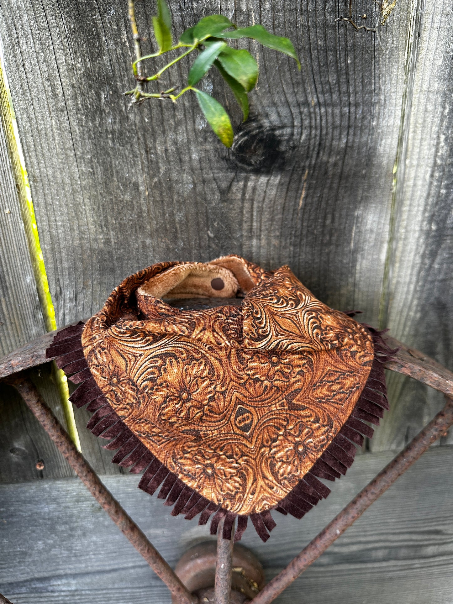 Dark Brown Tooled Leather Cotton Print Buckaroo Baby Bib