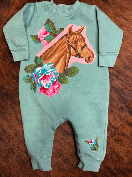 Horse Portrait & Bright Roses One Piece Sweatshirt Bodysuit, Size 6 mons.