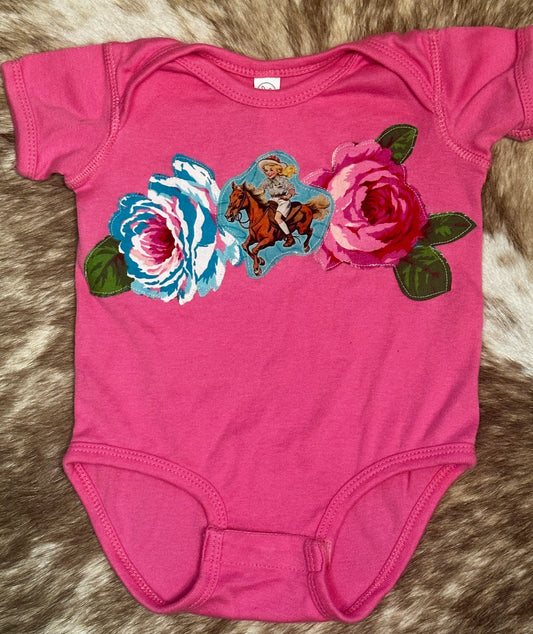 Vintage Cowgirl & Bright Roses on Hot Pink Onesie, Size 12 mons.