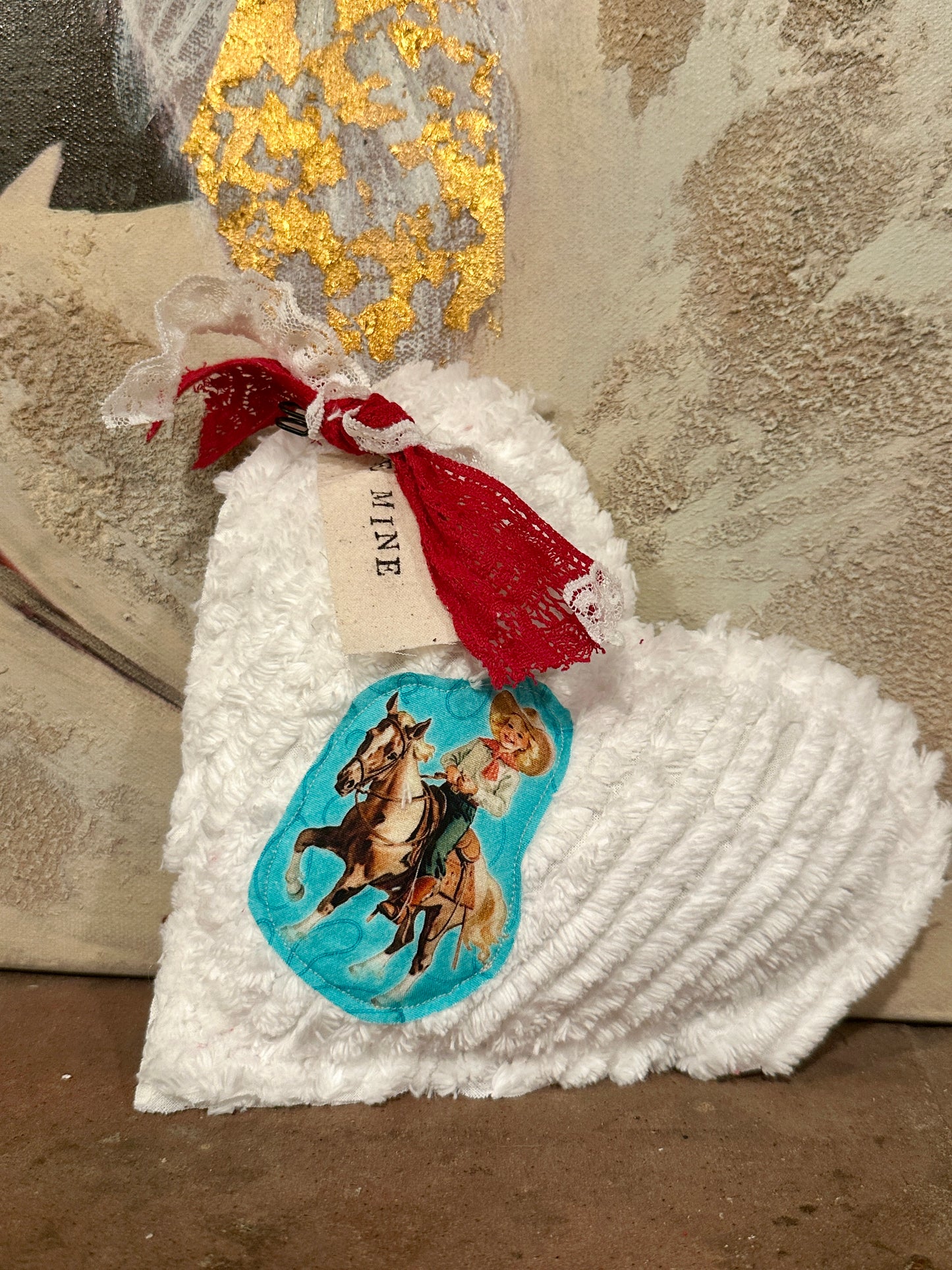 WHITE Chenille Plushie Cowgirl Heart #1