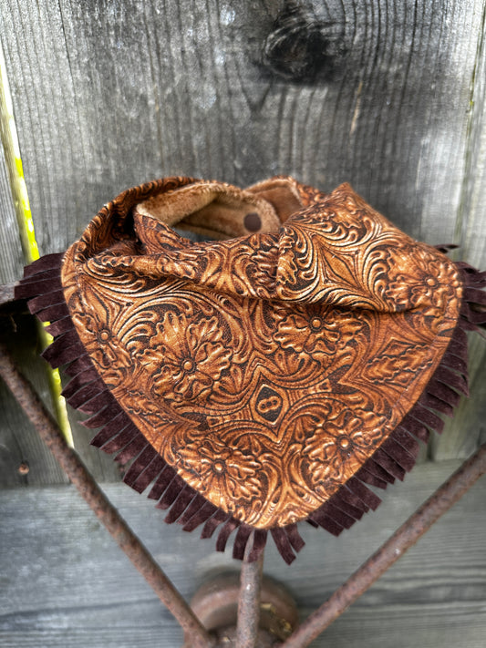 Dark Brown Tooled Leather Cotton Print Buckaroo Baby Bib