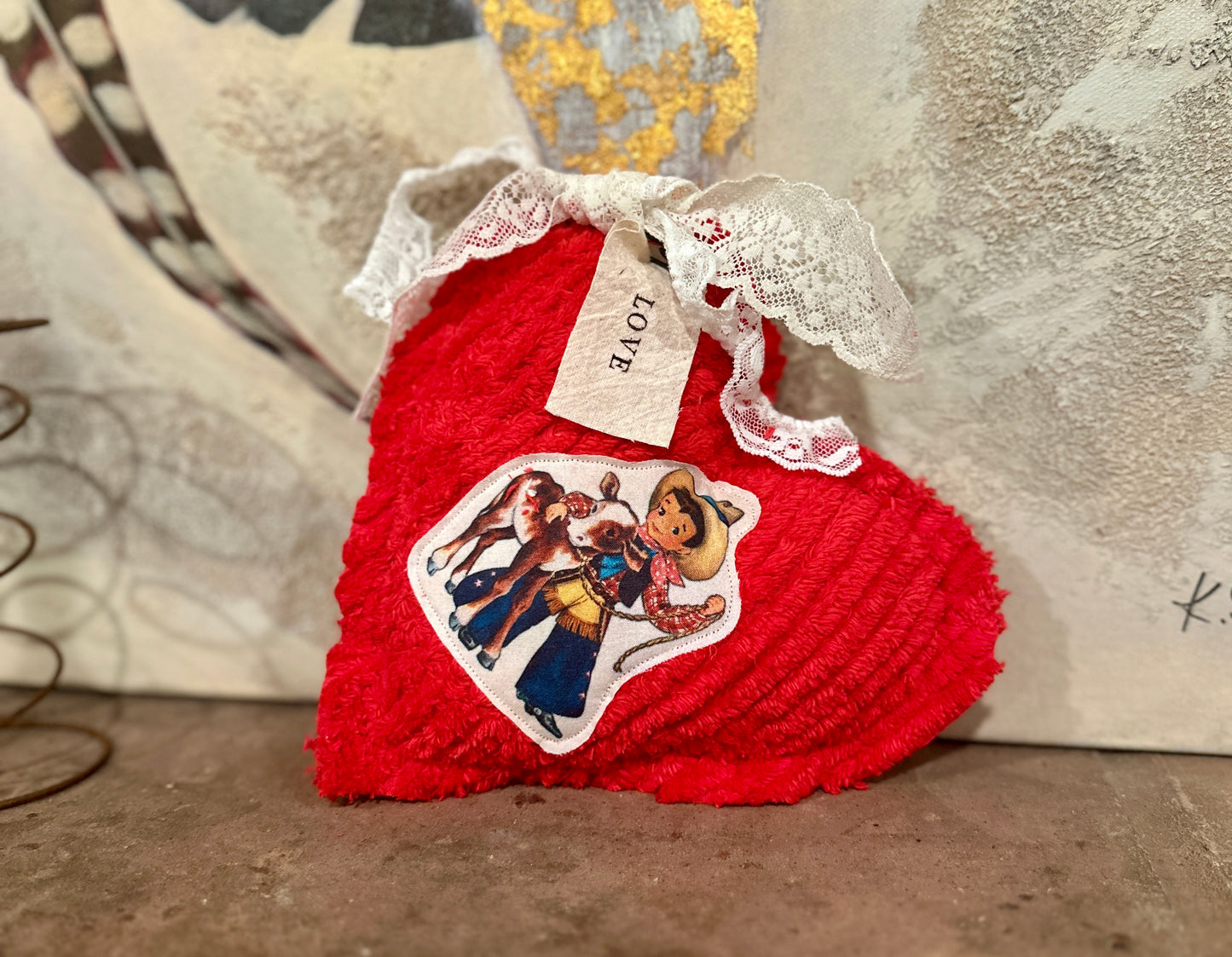 RED Chenille Plushie Cowboy Heart #2