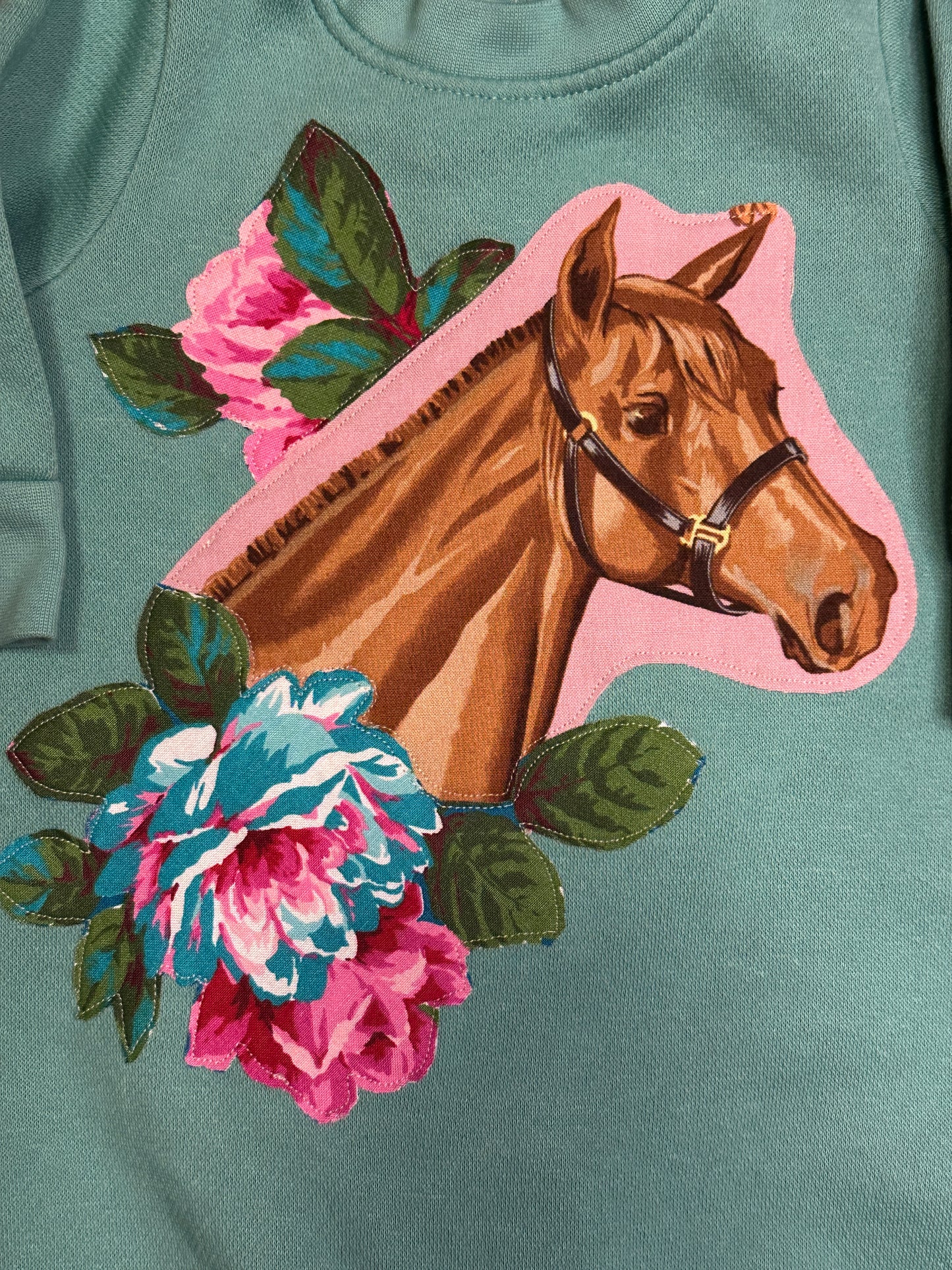 Horse Portrait & Bright Roses One Piece Sweatshirt Bodysuit, Size 6 mons.