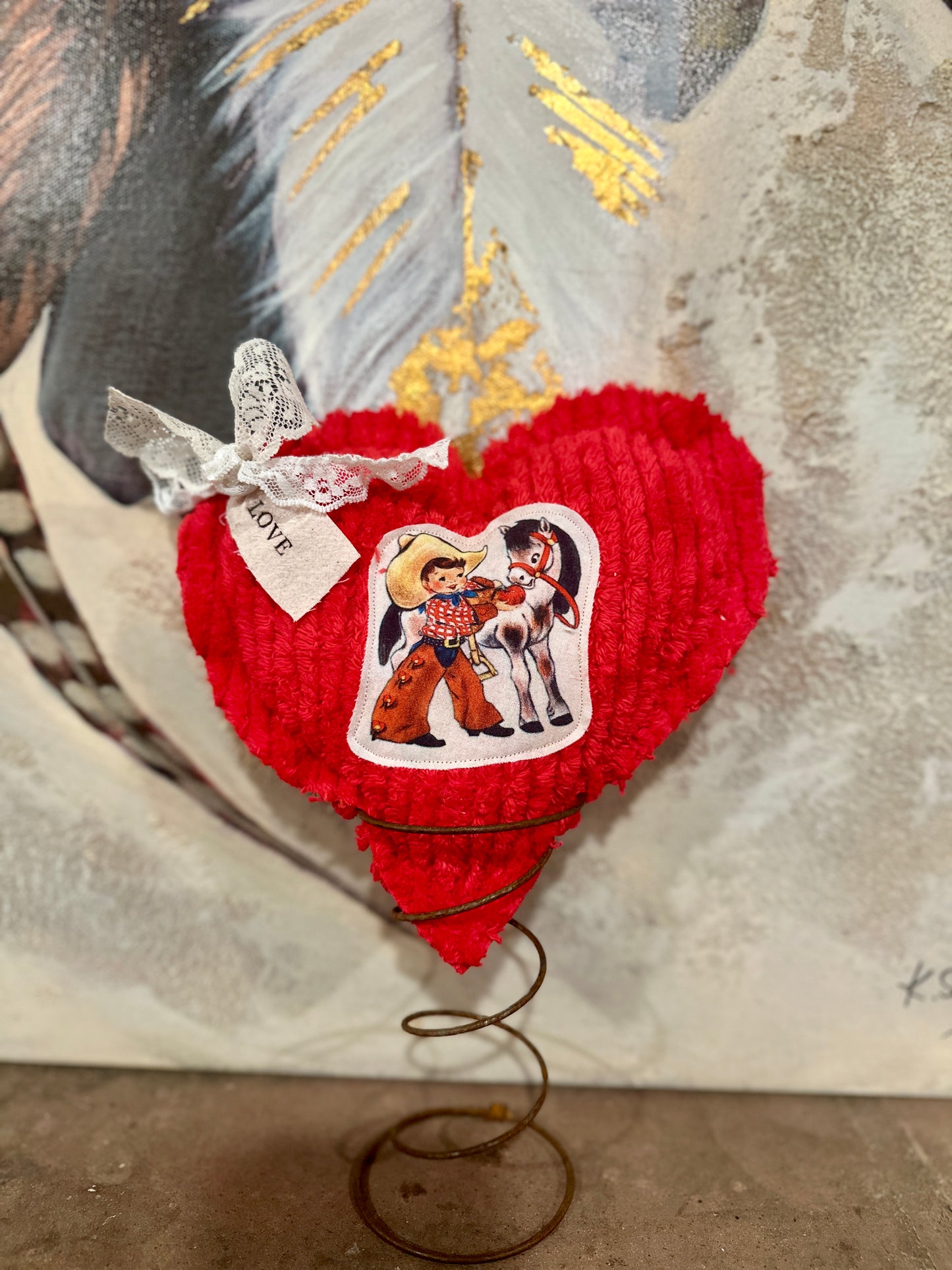 RED Chenille Plushie Cowboy Heart #1