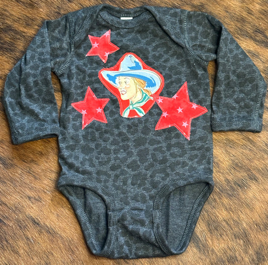 She’s a Star Black Leopard Long Sleeve Onesie, Size 6 mons.