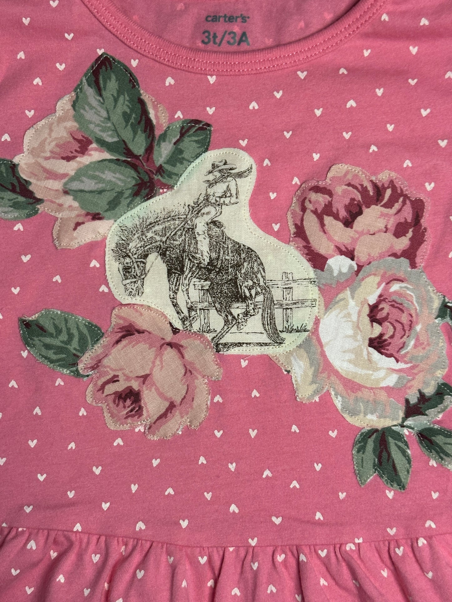 Cowgirl Bronc Rider with Pastel Roses on Heart Print Peplum, Size 3T