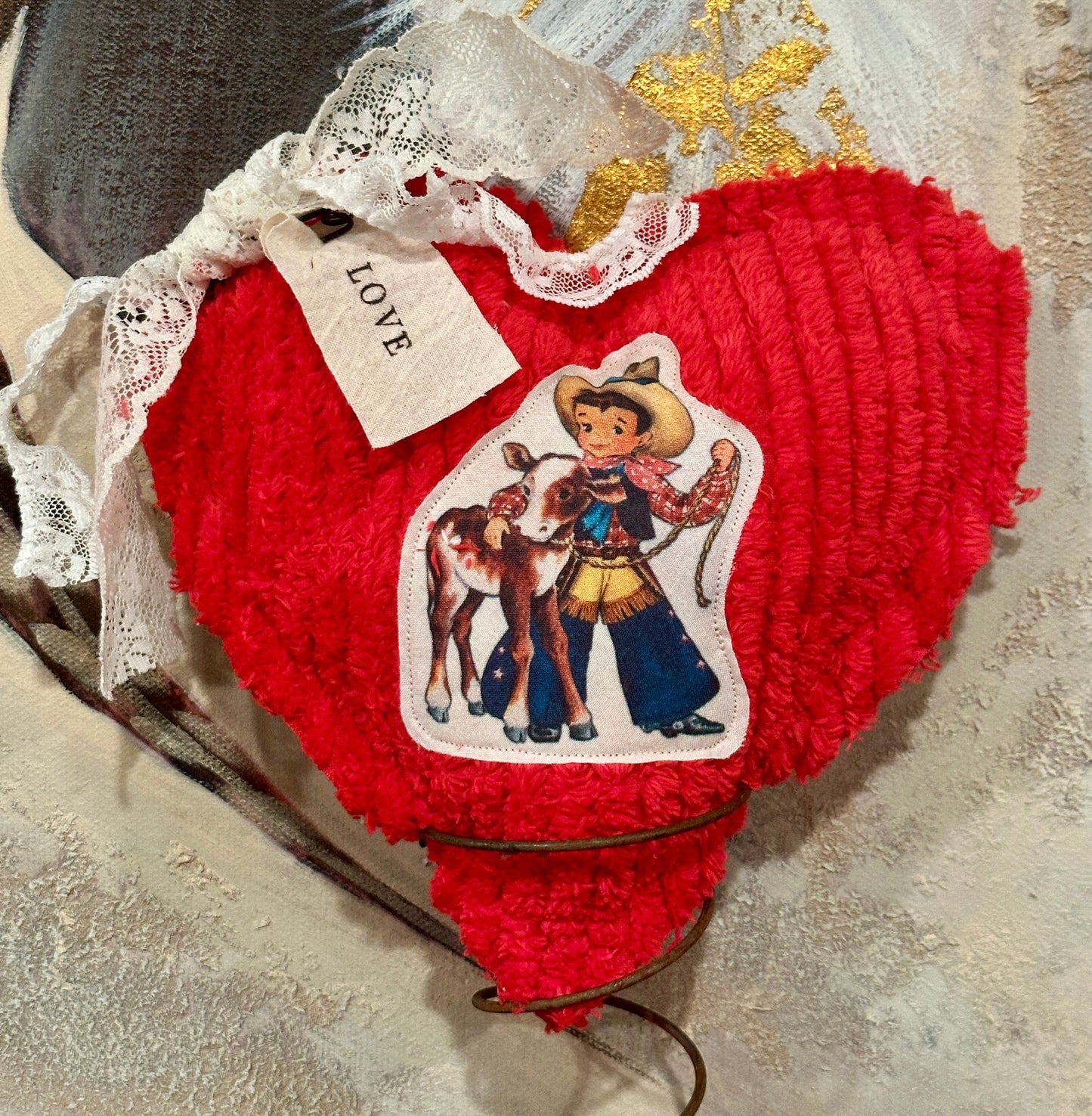 RED Chenille Plushie Cowboy Heart #2