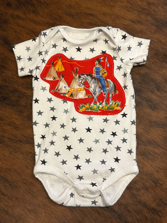Native Scout & Tepees on All Over Star Print Onesie, Size 3-6 mons.