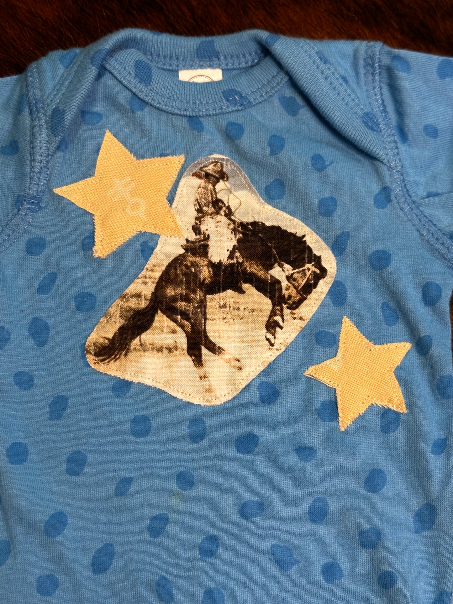 Vintage Bucking Horse & Stars Blue Spotted Onesie, Size Newborn
