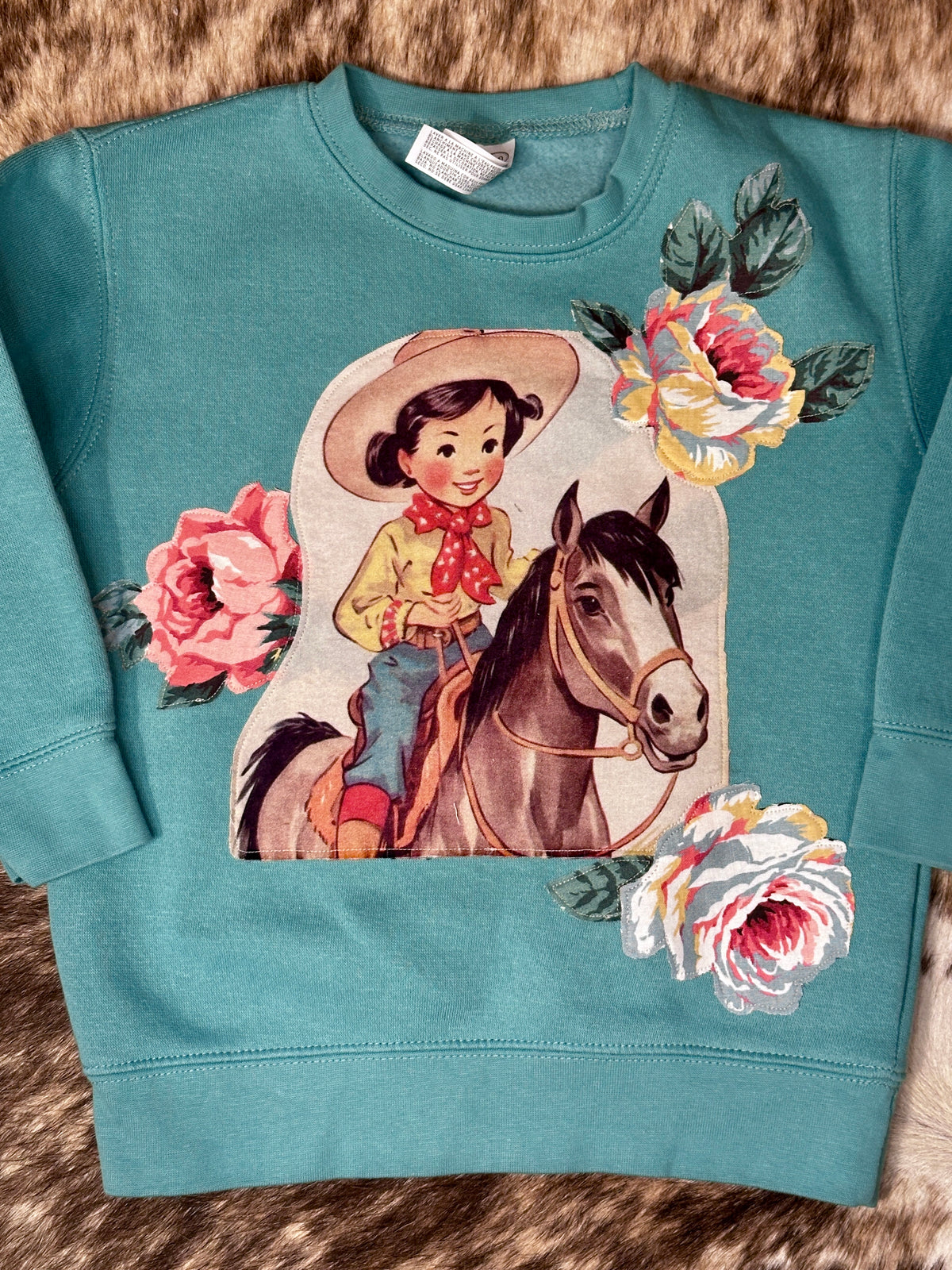 Cowgirl & Roses on Turquoise Sweatshirt, Size 4T