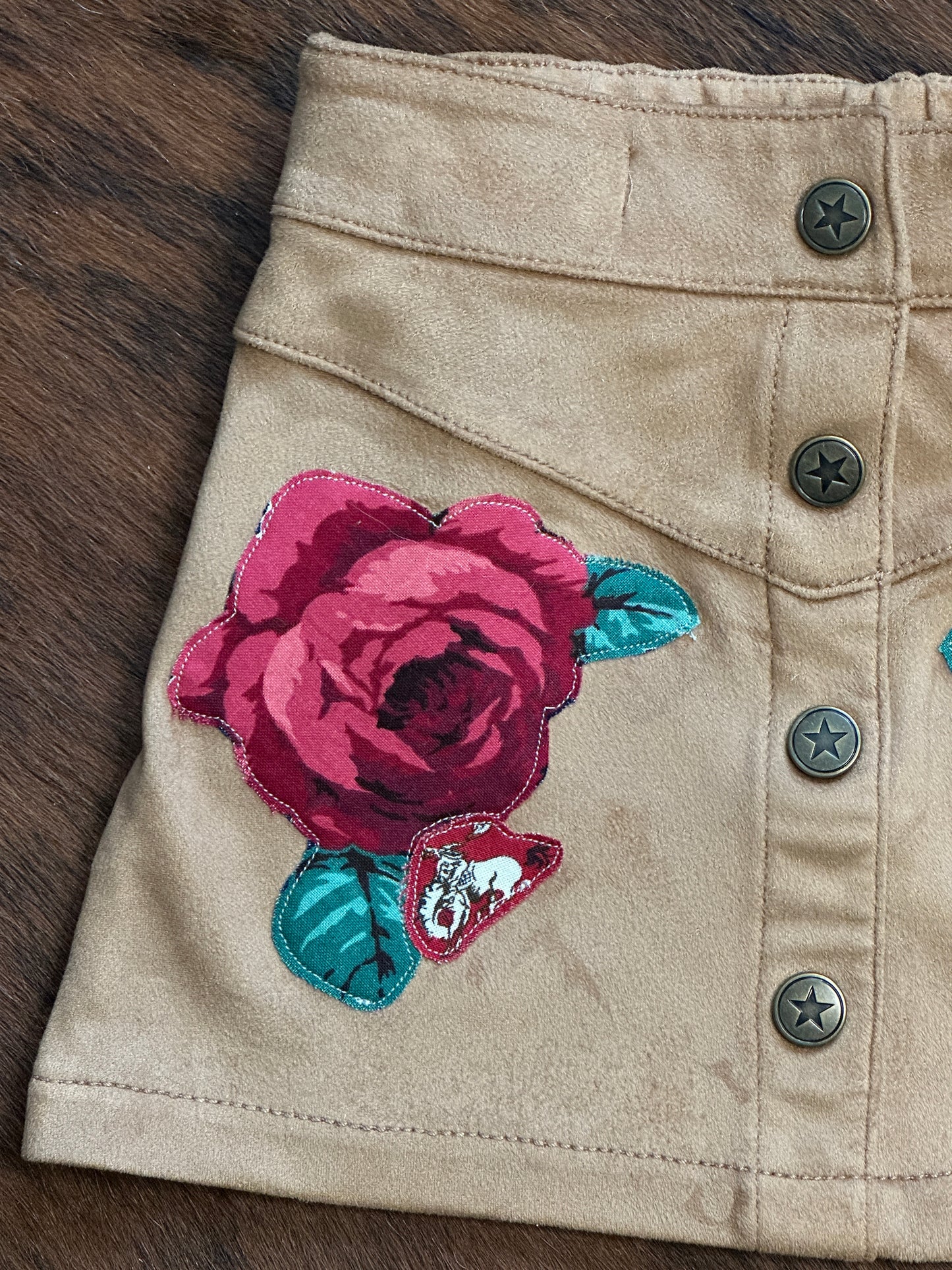 Red Roses and Tiny Broncs on Faux Suede Skirt, Size 18-24 mons.