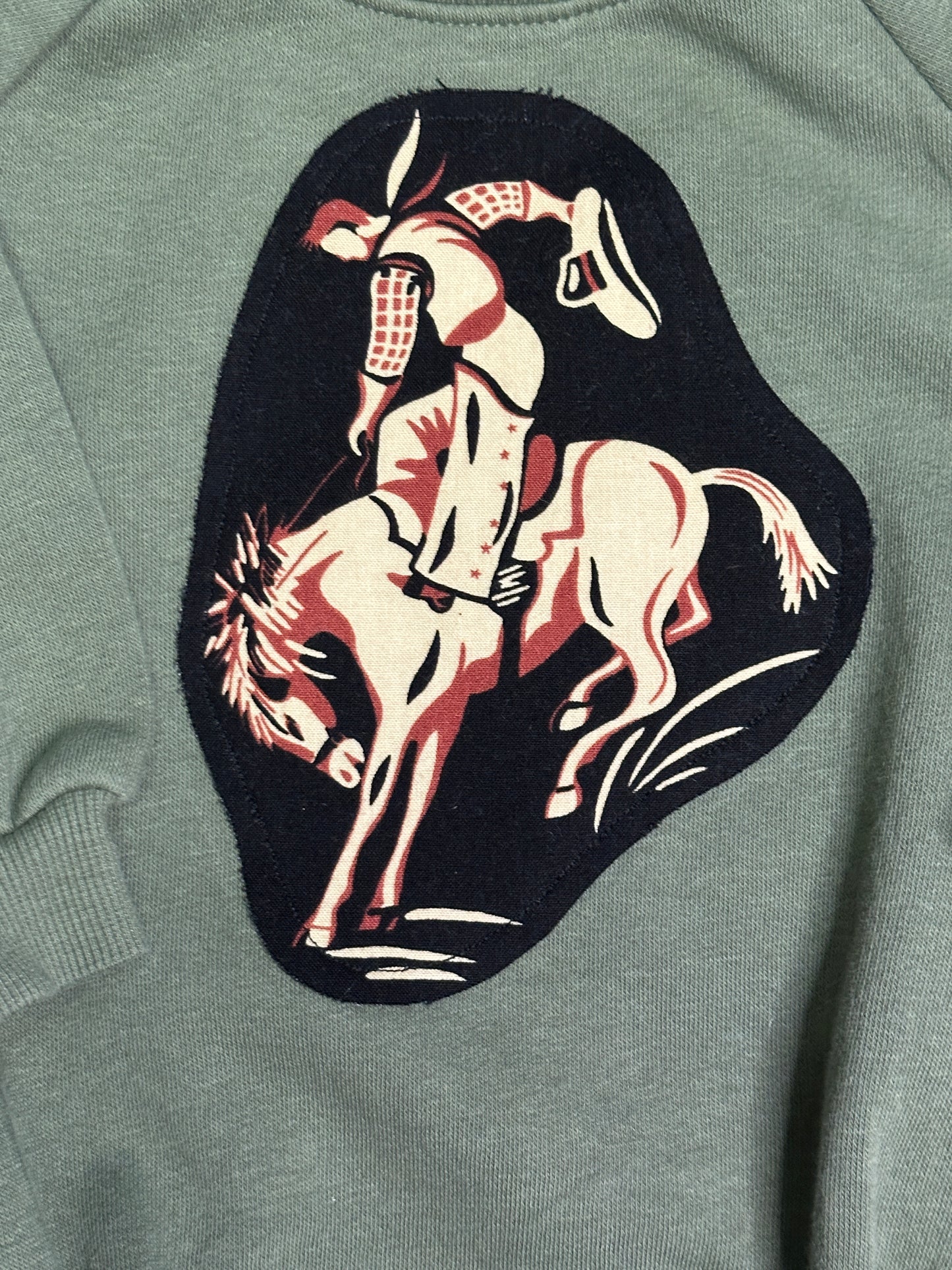 Vintage Bronc on Army Green Sweatshirt Onesie, Size 6-12 mons.