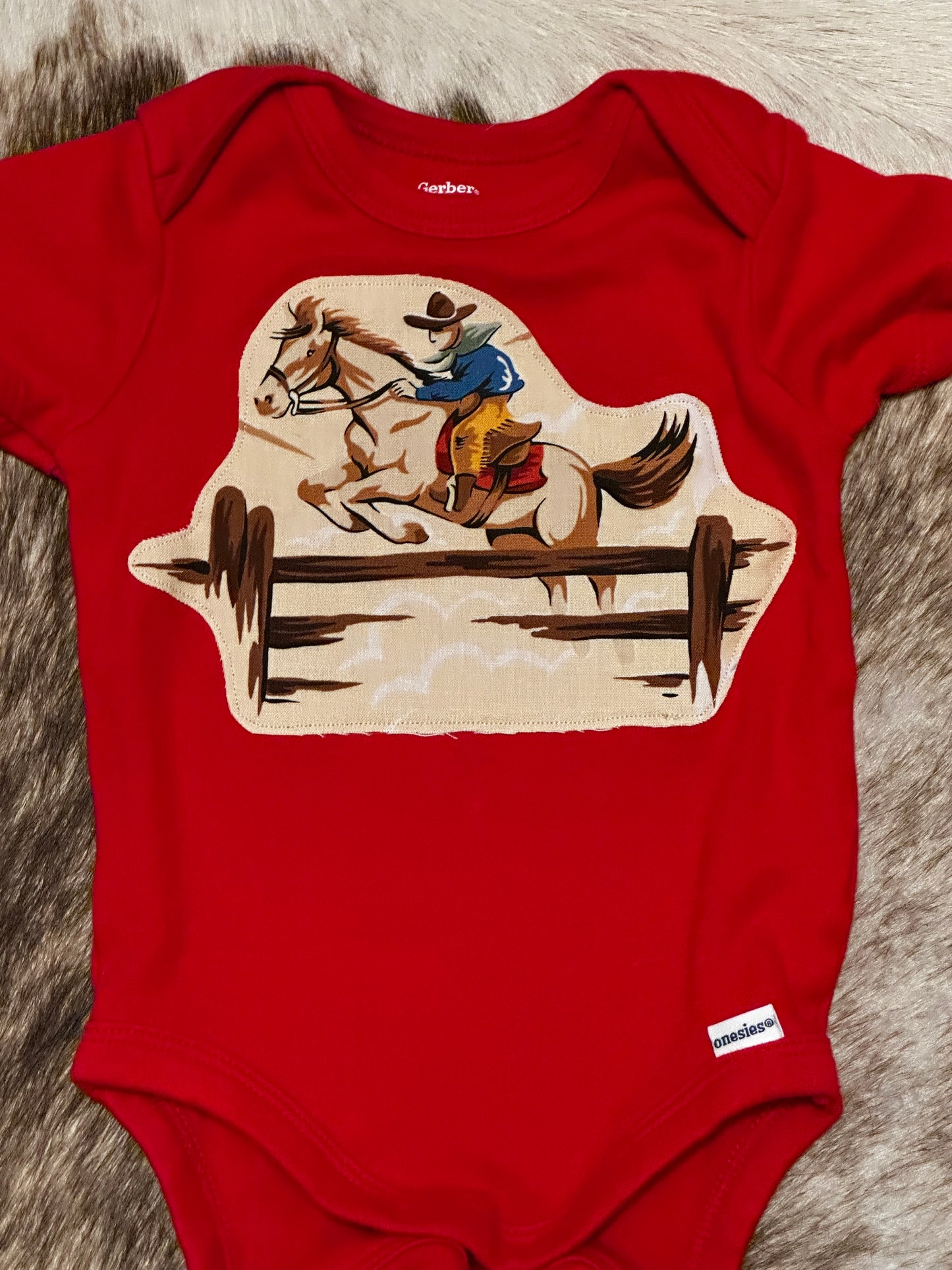 Red Ranch Print with Chuckwagon back, Size 3-6 mons.