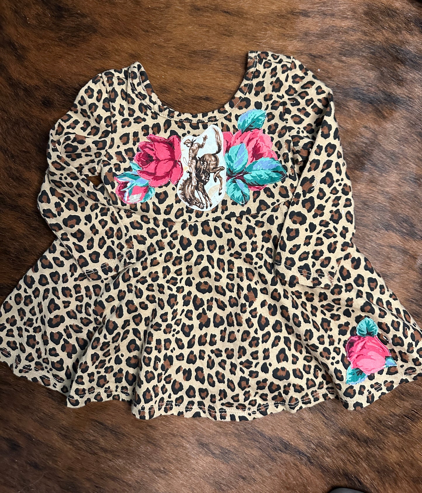 Bronc & Roses on Leopard Twirl Dress, Size 12-18 mons.