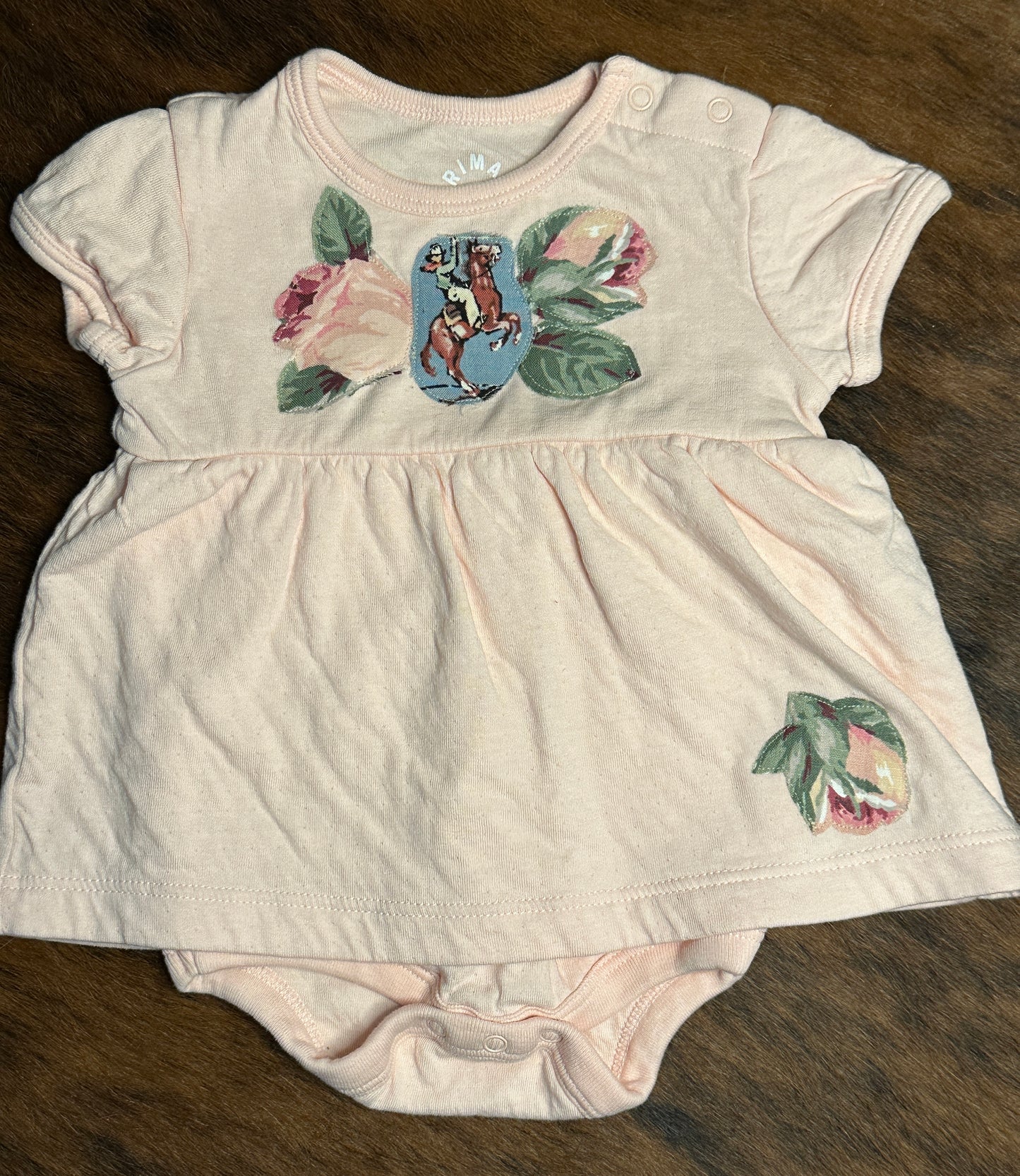 Ballerina Pink Pointelle Dress with Rearing Horse & Rose Buds, Size 0-3 mons.