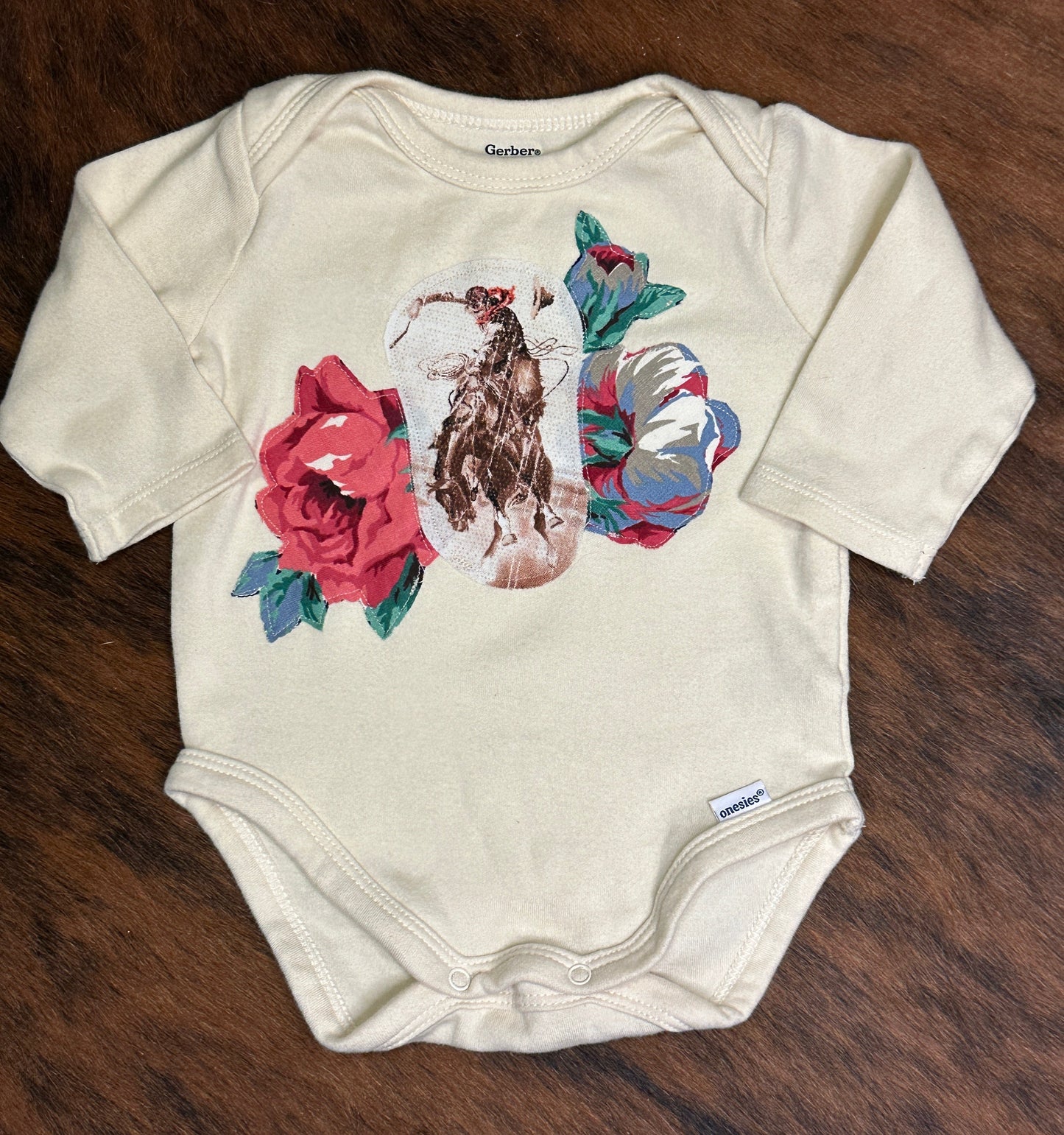 Vintage Bronc and Roses on Long Sleeve Cream Onesie, Size 0-3 mons.