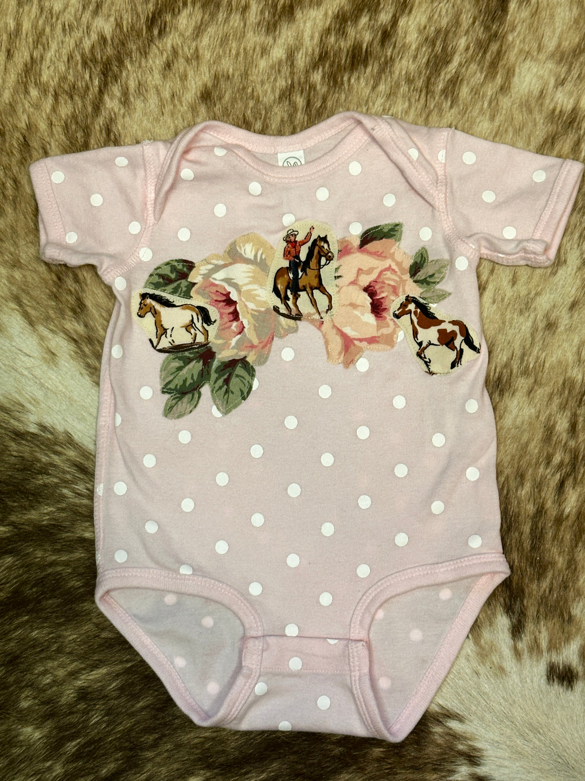 Cowgirl & Horses on Pink Polka Dot Onesie, Size 12 mons.