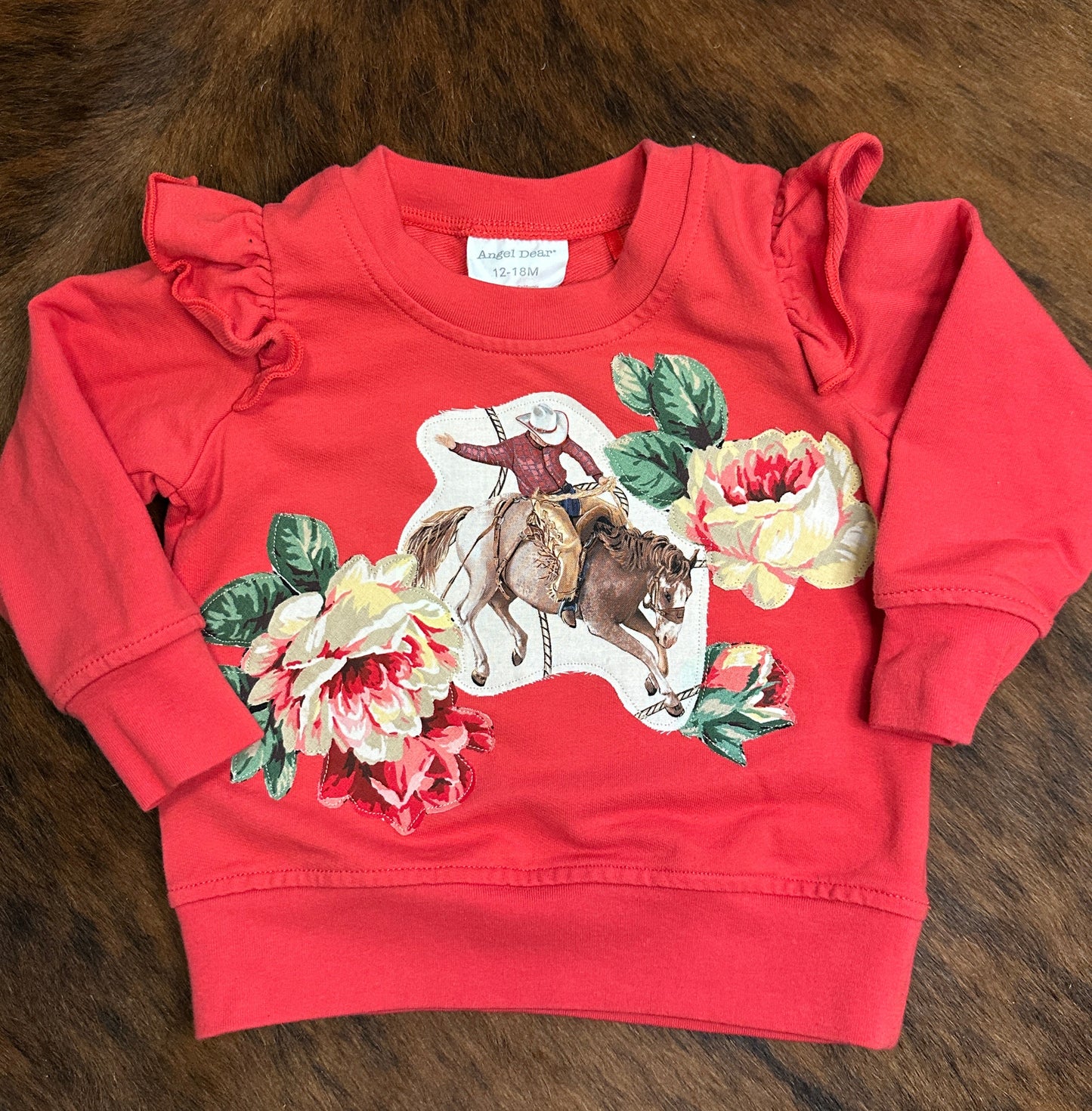 Ruffle Shoulder Sweatshirt with Bronc and Roses, Size 12-18 mons.