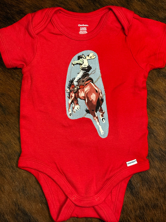 Bucking Bronc Red Onesie, Size 12 mons.