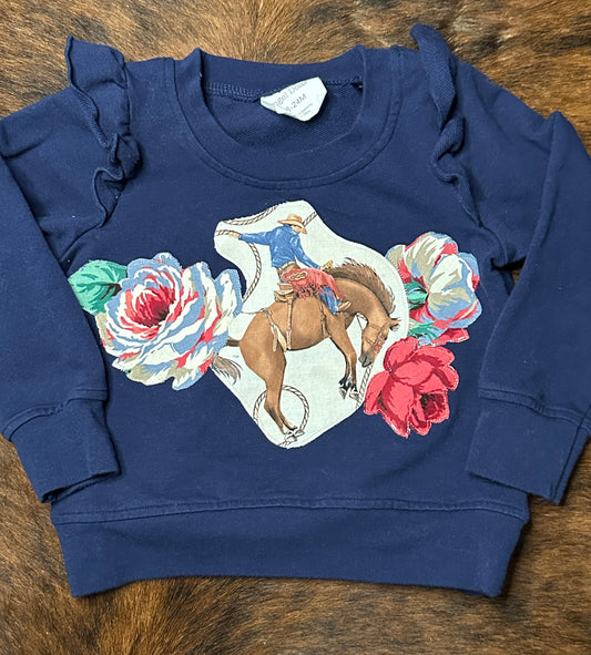 Navy Shoulder Ruffle Bronc & Roses Sweatshirt, Size 18-24 mons.