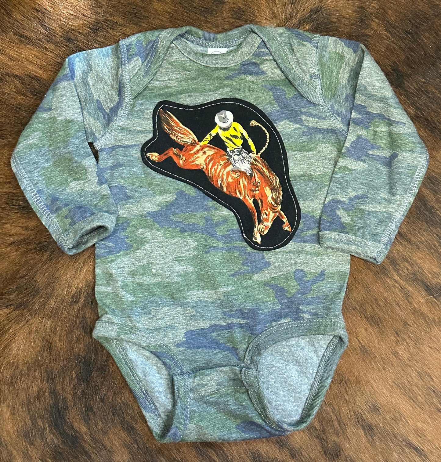 Bronc Rider on Camo Long Sleeved Onesie, Size 6 mons.