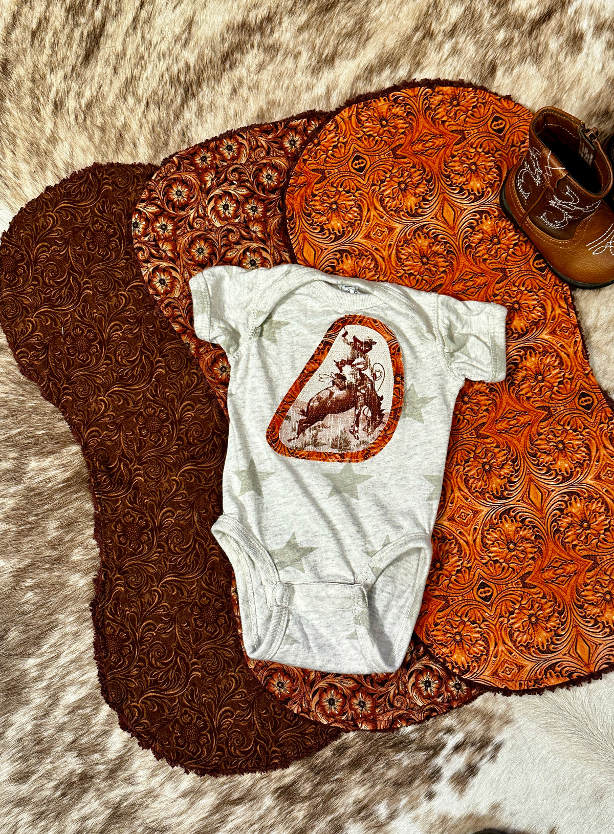Tooled Leather Burp Cloth Set & Matching Bronc Onesie, Size Newborn