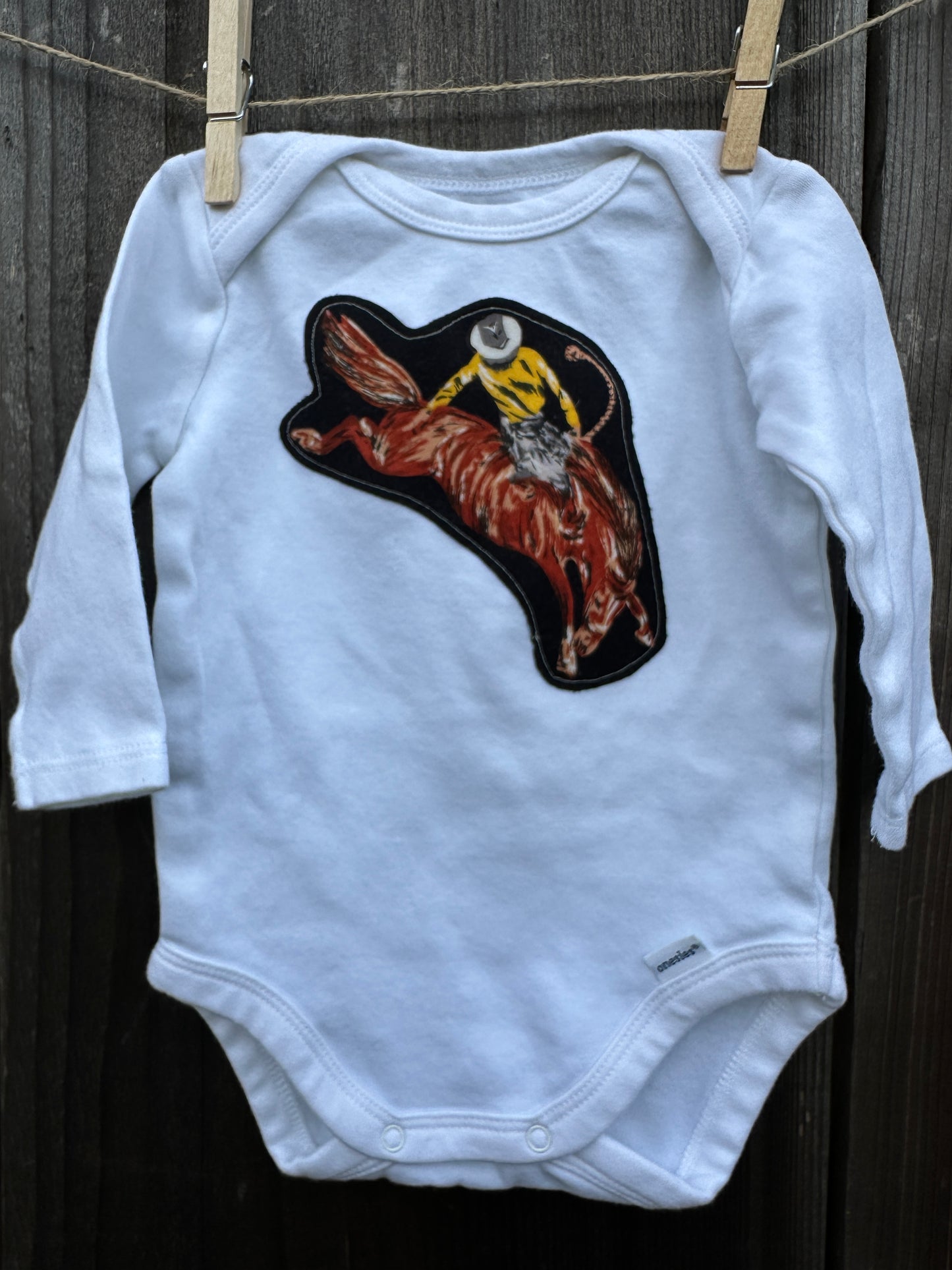 Bronc Rider on Long Sleeved Onesie, Size 0-3 mons.