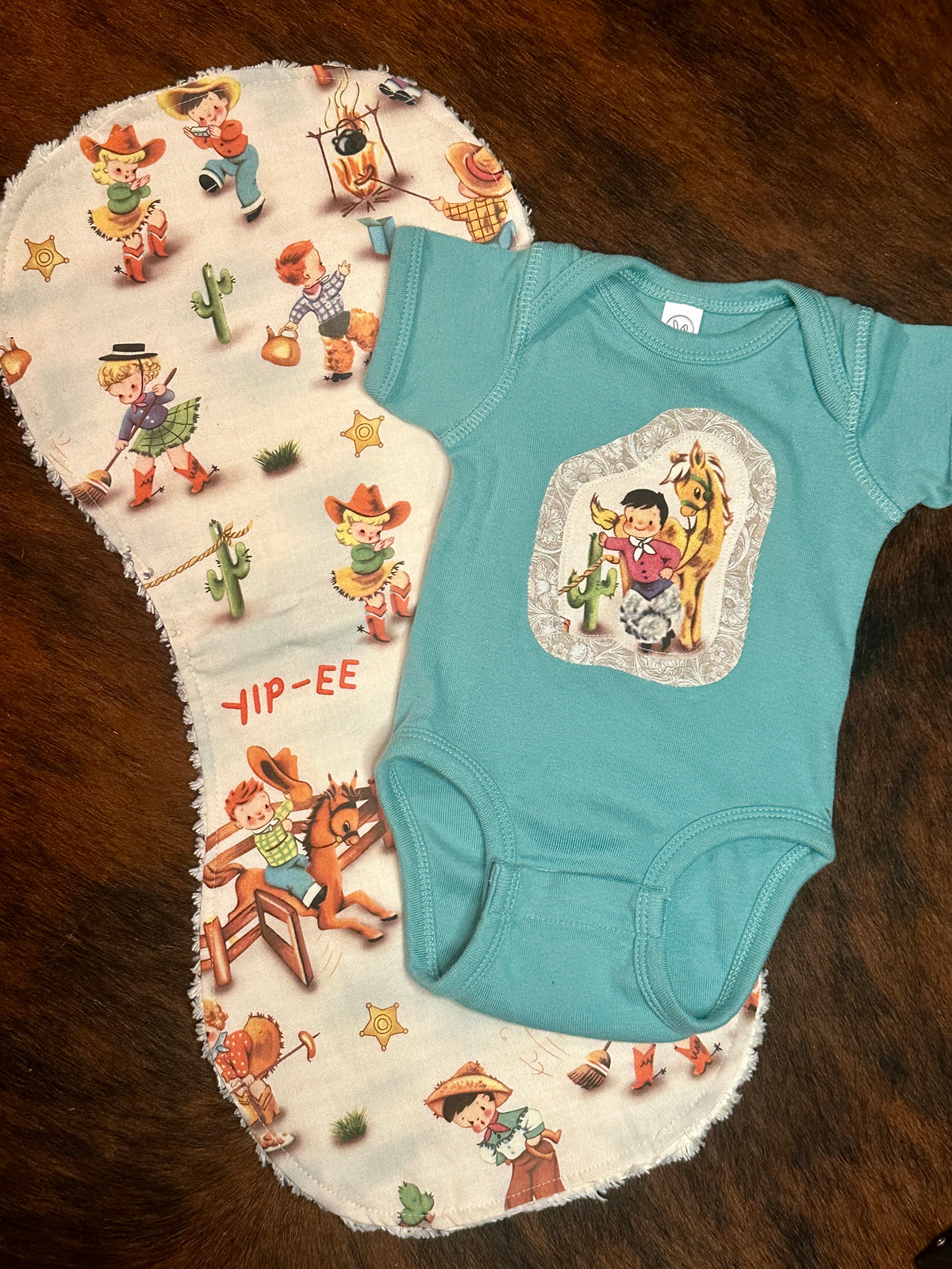 Vintage Cowboy Onesie & Burp Cloth Set, Size Newborn