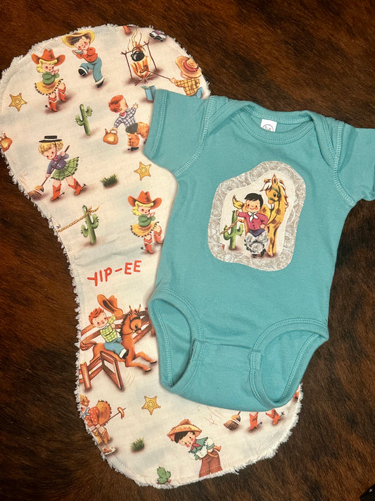 Vintage Cowboy Onesie & Burp Cloth Set, Size Newborn